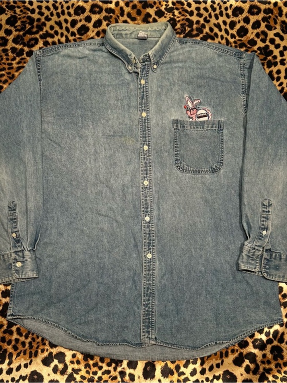 Preloved Vintage 90s Energizer Bunny Embroidered Denim Button Down Shirt